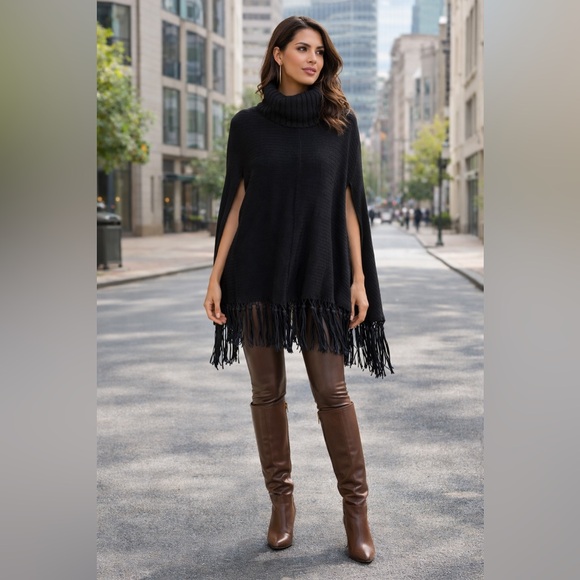 Neiman Marcus Sweaters - NEIMAN MARCUS Black Knit Turtleneck Poncho Fringe with Armholes - Stunning!